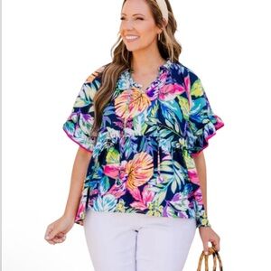 UMGEE Flowers Floral Boho Ruffled Peasant Blouse Flowy Top Shirt Women's 1X EUC